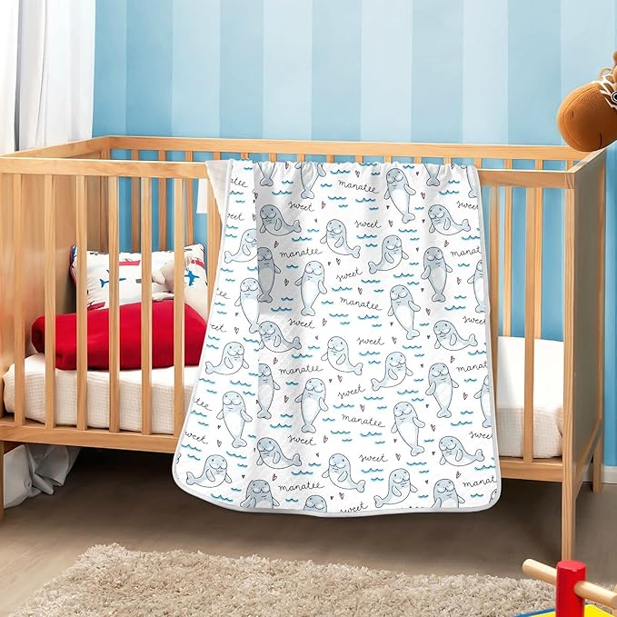 Ollabaky Cartoon Manatee Baby Blanket for Boys Girls Cotton Throw Blanket Swaddle Blanket for Crib Stroller Nursery Receiving Blanket Infant Toddler Unisex 30"x40"