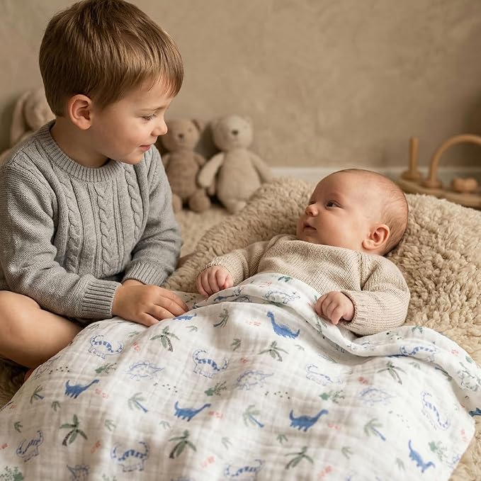 GLLQUEN BABY Receiving Blanket Boy Cotton Muslin Swaddle Blankets Girl Newborn Squares Breathable & Soft Thin Baby Blankets Cloths Double Absorbent Infant Swaddling Wrap - 6 Pack (Dinosaur)