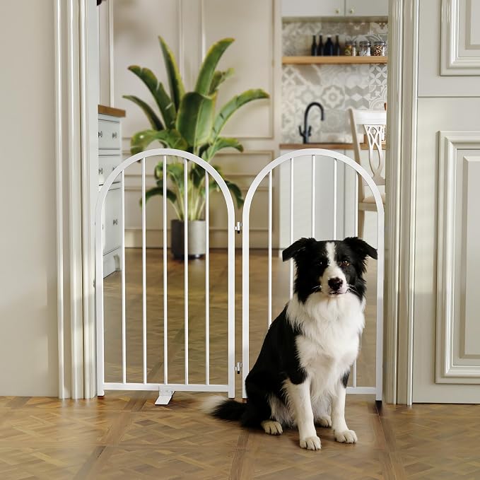 PUPETPO Full Metal Dog Gate for Indoor Outdoor, 32" Tall Free Standing Pet Dog Fence, 36" Wide Arched Pet Gates for Stairs, Hallways, Doorways, Kitchen, Decks, Yards (White, 2 Panels)