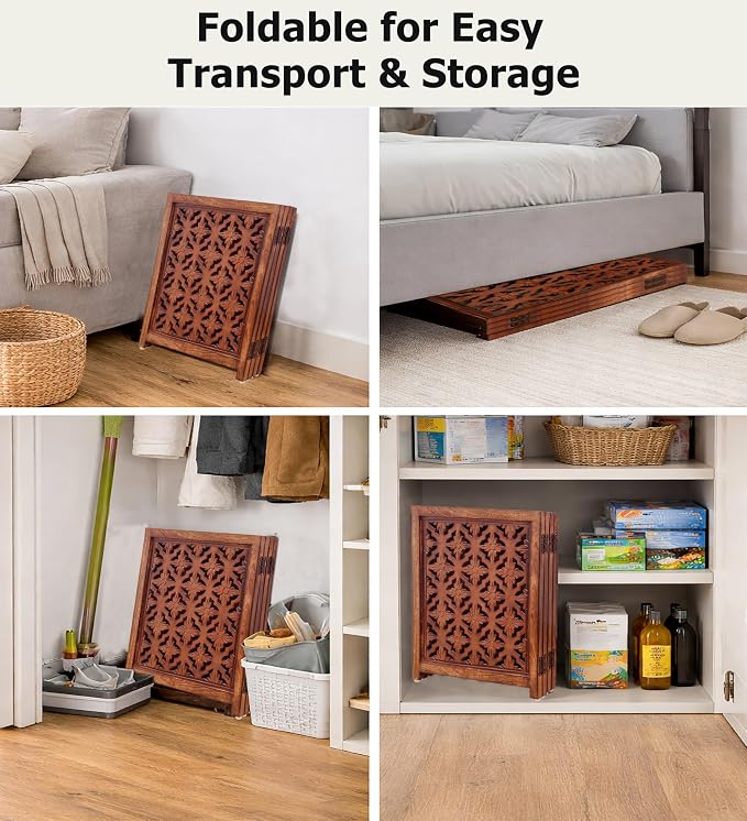 Croft&Cane Wooden Foldable Pet Dog Gate – Hand Carved 4-Panel Freestanding Dog Fence - 80W x 24H - Solid Wood & MDF Indoor Safety Barrier - Doorway Hallway & Stairs Portable Puppy Gate - Warm Walnut