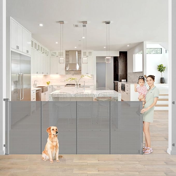 Reinforced 42??Extra Tall x 80??Wide Retractable Baby Gates with Rods to Prevent Crawling Through, Extra Tall Dog Gate for Large Openings Indoor Long Mesh Pet Gate for Stairs and Doorways, Gray