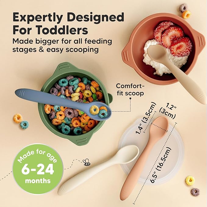 KeaBabies Silicone Baby Spoons, Self Feeding 6-12 months - 3-Pack Baby Weaning Eating Utensils, Toddler First Food Training Spoon, Infant, Kids Feeding Supplies Essential Set, Dishwasher-safe (Slate)
