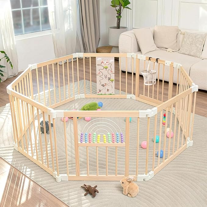 Ulnxiy Foldable Wooden Baby Playpen Activity Center,Adjustable Size & Shape Portable Play Yard, Baby Fence Play Area with Gate for Indoor Use for Babies and Toddlers(56x56x24inches)