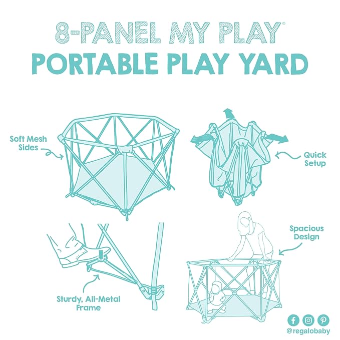 Regalo Safety My Play Deluxe Extra Large Baby Playpen & Portable Play Yard, Foldable 8-Panel Indoor Outdoor Playpen for Babies & Toddlers, Mesh Sides, Washable Nylon Bottom, 62", Aqua/Black