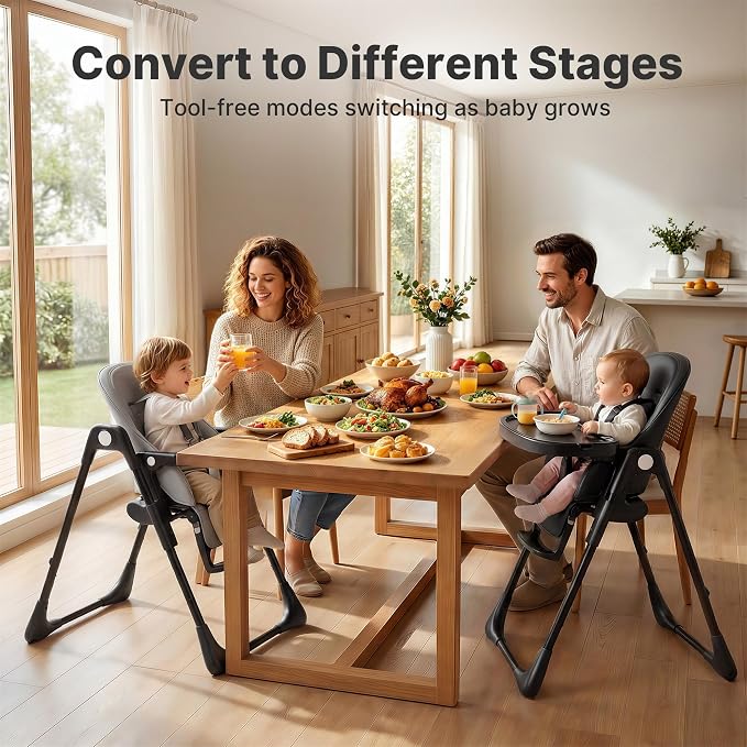 Baby High Chair, Convertible Folding Highchair with Dishwasher-Safe Tray, Adjustable Heights & Backrest, 5-Point Harness, Portable Dining High Chairs for Babies and Toddlers (Black)