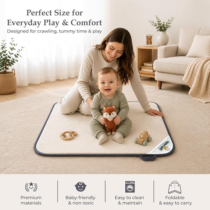 Squishy Mats Baby Play Mat | 36" x 36" Memory Foam Infant Floor Pad with Minky, Folds for Travel – No Small Parts, Non-Slip, Machine Washable, Soft Play Surface for Babies & Toddlers