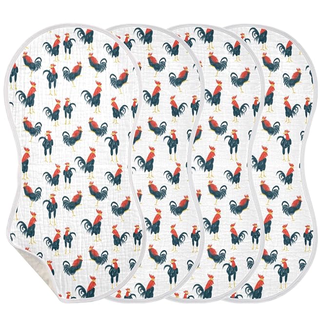 Muslin Baby Burp Cloths, Red and Black Vintage Rooster Muslin Baby Bibs Rags Comfy Soft Absorbent in for Newborn Boys and Girls 4 Piece 22 x 11 Inch
