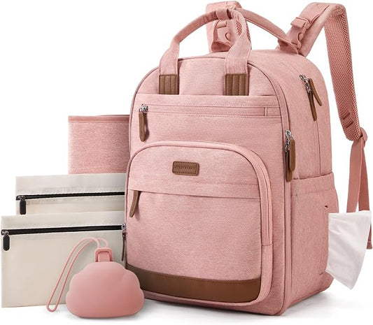 mommore Diaper Bag Backpack with Waterproof Changing Pad, Insulated Bottle Holders & Pacifier Case, Baby Diaper Bag with 2 Organizer Pouches, Stroller Straps, Pink