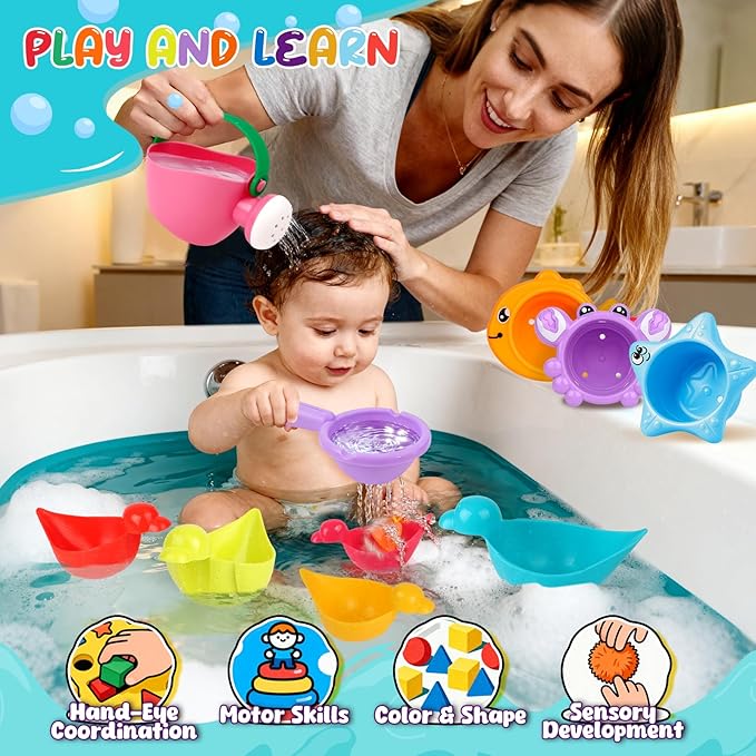 10 Pcs Bath Toys for Kids Ages 1-3, Bathtub & Pool Water Toys for Toddlers 1-3 & Babies 12-18 Months, Water Table Accessories with Floating Ducks, Stacking Cups & Pouring Fun for Boys Girls