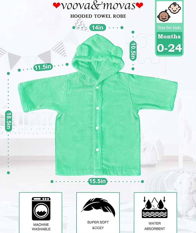 VOOVA & MOVAS Toddler Bath Towel with Bear Ear Hood, 0-24Months | 100% Cotton, Ultra-Soft & Absorbent | Gentle for Sensitive Skin, Bath, Pool & Beach Towel | Newborn, Mint Green
