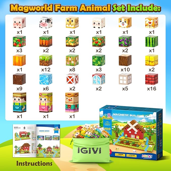 1" Magnetic Blocks - Build Mine Magnet World Farm Animals Set, 100PCS Vibrant Colorful Magnetic Blocks with Ultra Magnet Strength for Kids Ages 3-12, STEM Toys Ideal Gifts for 3+ Years Old Boys Girls
