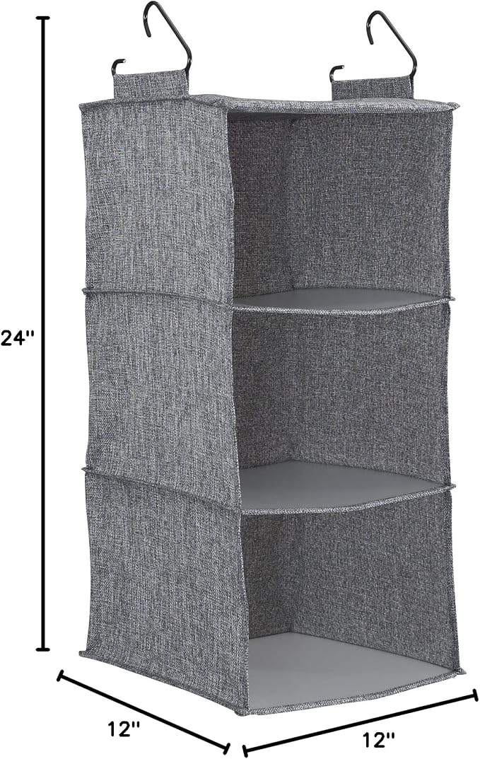 Household Essentials 3 Shelf Hanging Closet Organizer, Hanging Shelf with Hooks, Poly Linen and PEVA Shelving