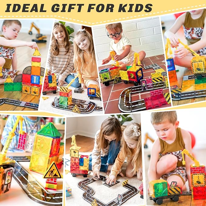 Coodoo Kids Games Magnetic Tiles Road Set with Extendable Magnetic Crane, City Construction Building Toys for Toddlers STEM Preschool Ages 4-6 5-7, Gifts for 3+ Year Old Boys Girls Kids Toys with Car