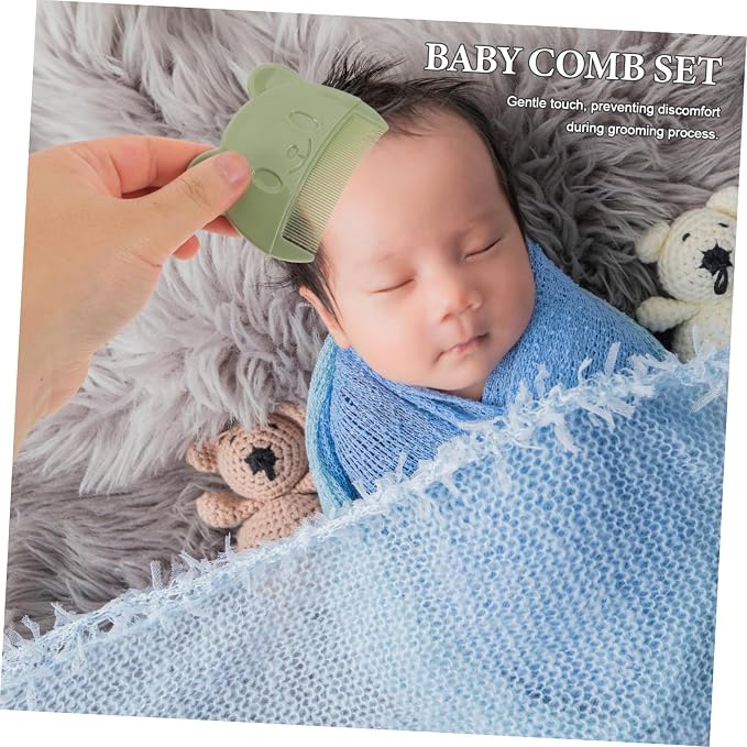 WOONEKY 9pcs Comb Set for Cradle Cap and Newborn Hair, Bear-shaped Scalp Brushes, Plastic Hair Combs and Boys Bath and Shower Care