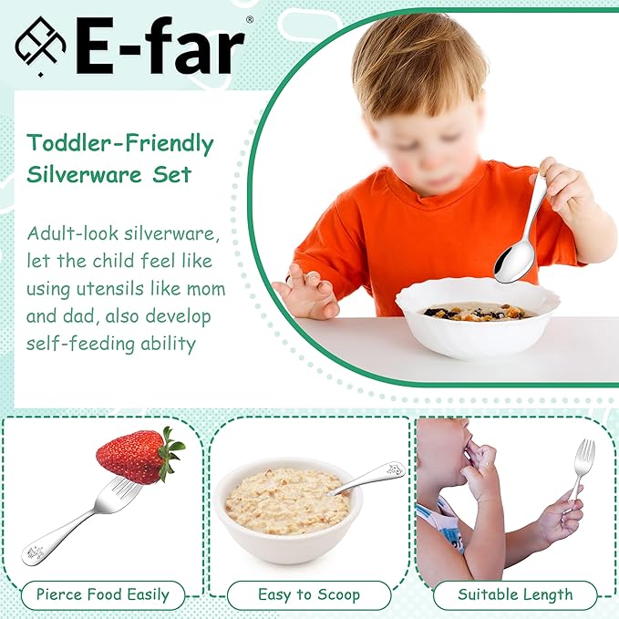 E-far Toddler Utensils, 6-Piece Stainless Steel Little Kid Silverware Set, Metal Small Forks and Spoons Flatware for Self-Feeding, Children Safe & Rounded Edges, Non-toxic & Dishwasher Safe