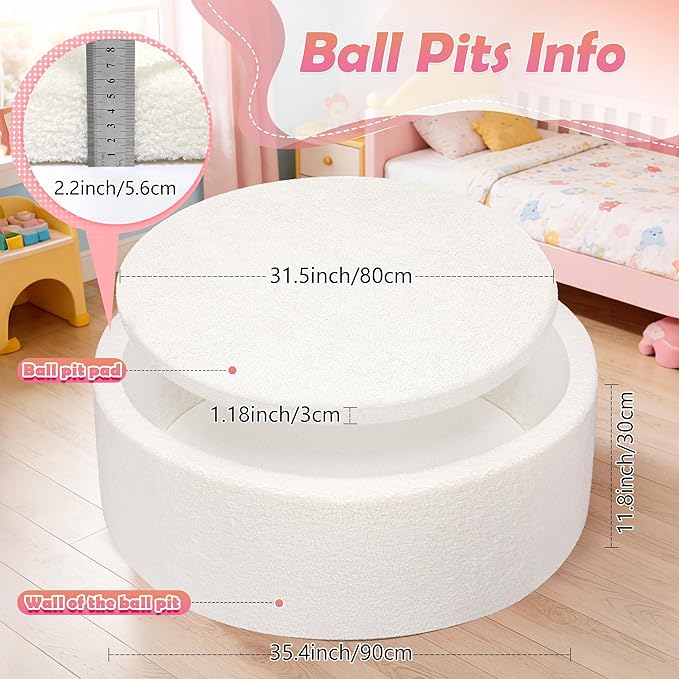 Imitation Teddy Foam Ball Pits 35.4"x 11.8" Soft Round Playpen for Toddlers Pets with Soft Memory Sponge for Babies Indoor and Outdoor Game White(Balls not Included)