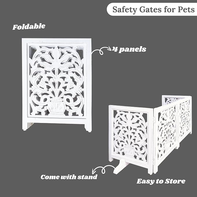 Lightnpro Foldable Carved Wooden Dog Gate 72 Inch - Pre Assembled Freestanding Indoor Pet Barrier for Home, Adjustable Dog Fence for Stairs, Doorways & Hallways - 24x18 Inch (4 Panels) Antique White