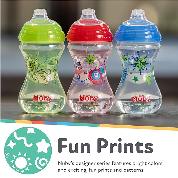 Nuby Clik-It No-Spill Baby Sippy Cup with Soft Spout - (3 Pack) 10 oz - 6+ Months - Red/Blue/Green