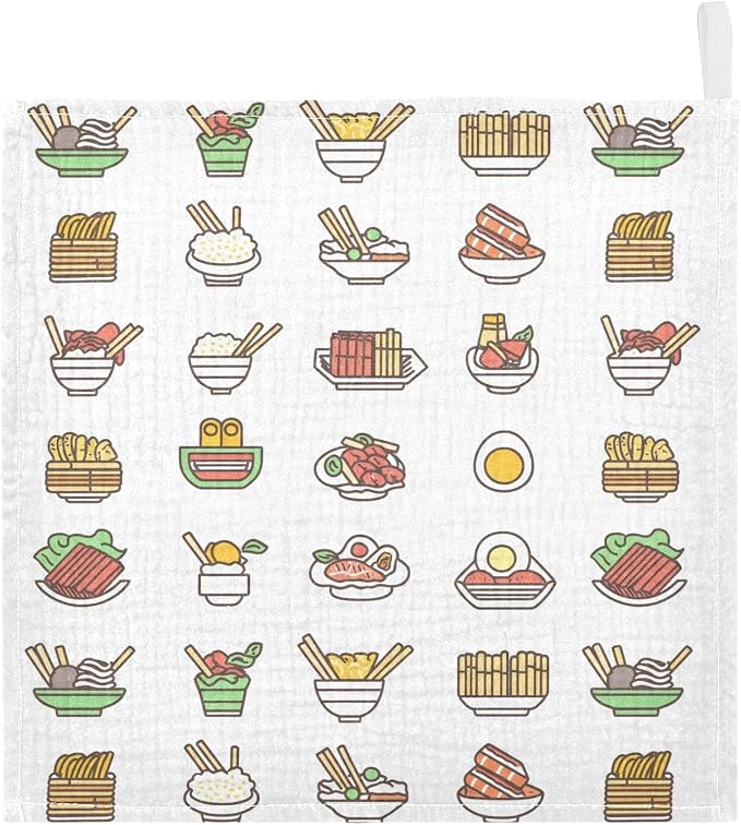 vvfelixl Baby Muslin Washcloths Asian Food Icons Baby Burp Cloths Cotton Babys Face Towel for Infants Soft 11.8 X 11.8 in, 3 Pack