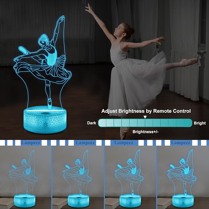 Lampeez Ballet Gifts Kids 3D Ballerina Night Light Ballet Dancer Lamp with 16 Colors Remote Control Changing Birthday Xmas Gift Idea for Boys and Girls