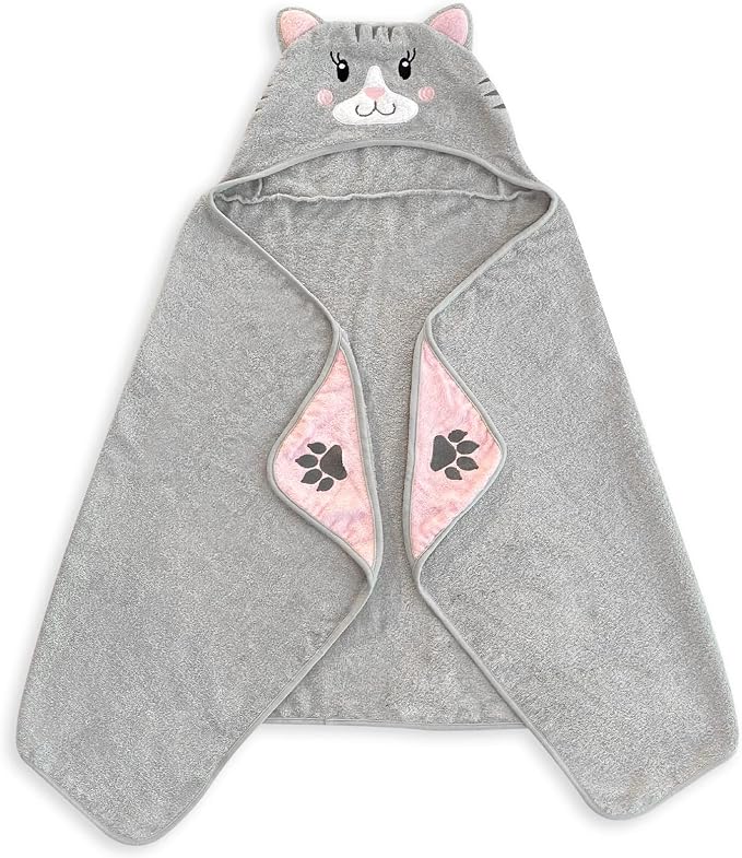 Style Quarters 100% Cotton Kids Hooded Bath Towel with Embroidery - Large 50"x24" Soft Terry Toddler Beach Towel, Cartoon Cat Hooded Towel for Boys & Girls (Grey Cat)