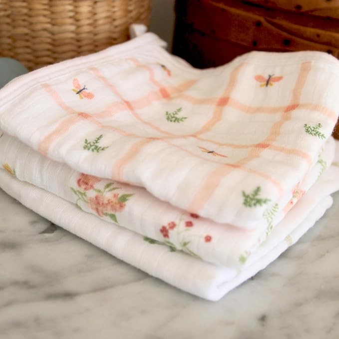 aden + anais Essentials Washcloth 3-Pack, Super Soft 100% Cotton Muslin, Gentle on Skin, 3 Absorbent 11x11 Layers, Softer with Every Use, Perfect for Babies, Infants, Toddlers, Country Floral