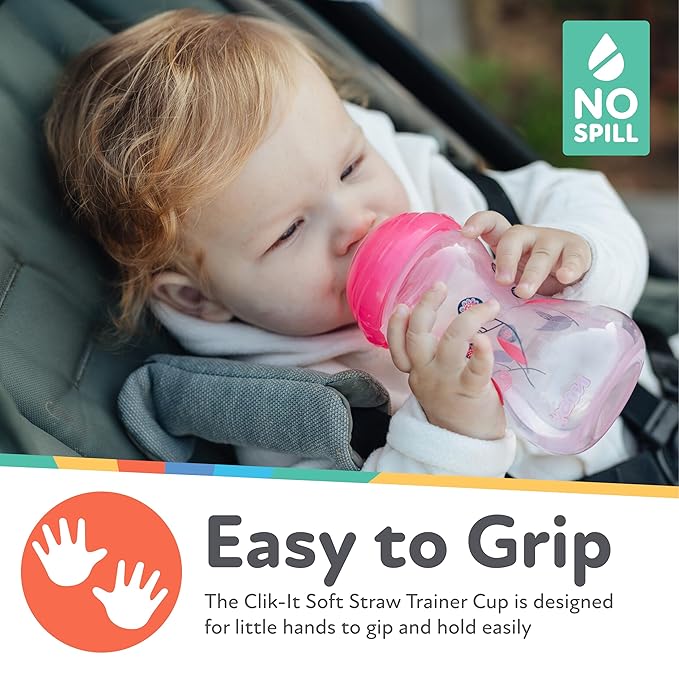 Nuby Clik-It No-Spill Baby Sippy Cup with Soft Spout - (3 Pack) 10 oz - 6+ Months - Pink/Purple/Aqua