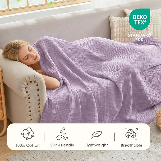EMME Cotton Muslin Blanket King Size - Soft, Breathable Layering Blanket, 108"x90", All Season Gauze, Lavender
