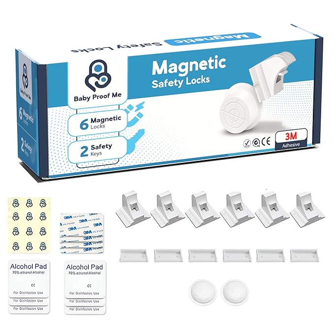 Baby Proof Me 6-Pack Magnetic Cabinet Locks, Baby Proofing Child Safety Locks with 2 Keys, No-Drill 3M Adhesive for Cabinets & Drawers