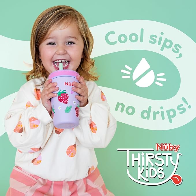 Nuby Thirsty Kids Insulated Toddler Cup with Silicone Flexstraw - 12 oz - Stainless Steel and Leak-Resistant - 18+ Months - Monster Trucks