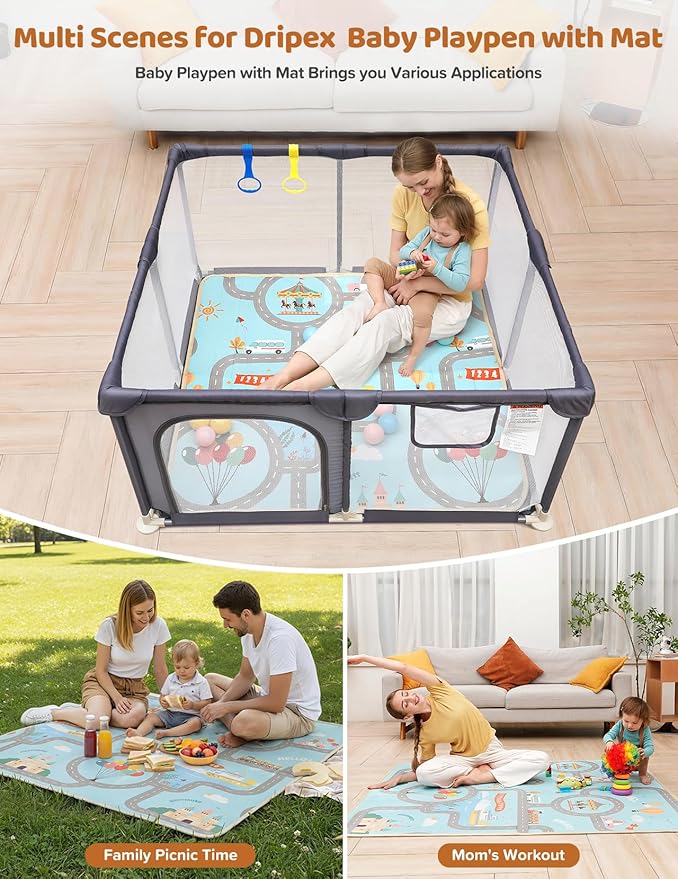 Dripex Baby Playpen with Mat ??47"x47" Small Play Yard for Babies 6-12 Months, Breathable Mesh & Waterproof Non-Slip Pad, Indoor/Outdoor Baby Fence, Grey