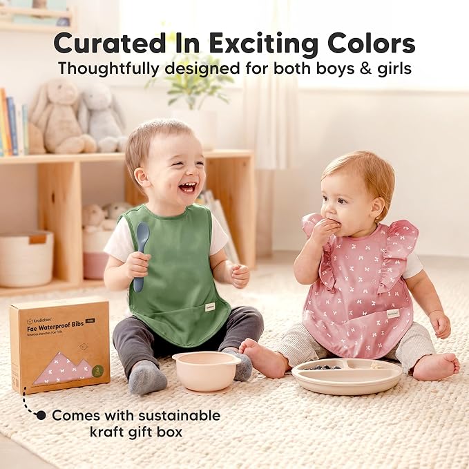 KeaBabies Waterproof Bibs for Baby Girl,Boy ??2-Pack Lightweight, Large Baby Bibs for Eating, Wearable Food Catcher, 6-12 Months Infant Feeding Essentials, Smock for Toddlers 1-3, Kids (Butterflies)