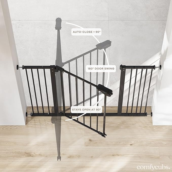 Comfy Cubs Baby Safety Gate with 3 Extensions - Adjustable 42" x 1.9" x 30" Q195 Steel Doorway Barrier - Powder-Coated Finish for Stairs and Doorways - Walk-Through Design Pet Gate - Black