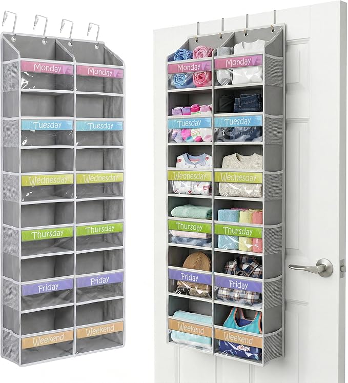 Housables Weekly Clothes Organizer for Kids, Days of the Week Clothes Organizer, Kids Closet, Daily Outfit Storage, Monday through Friday Clothing, Weekday, M-F, School, Hanging, Over Door, 12 Shelf