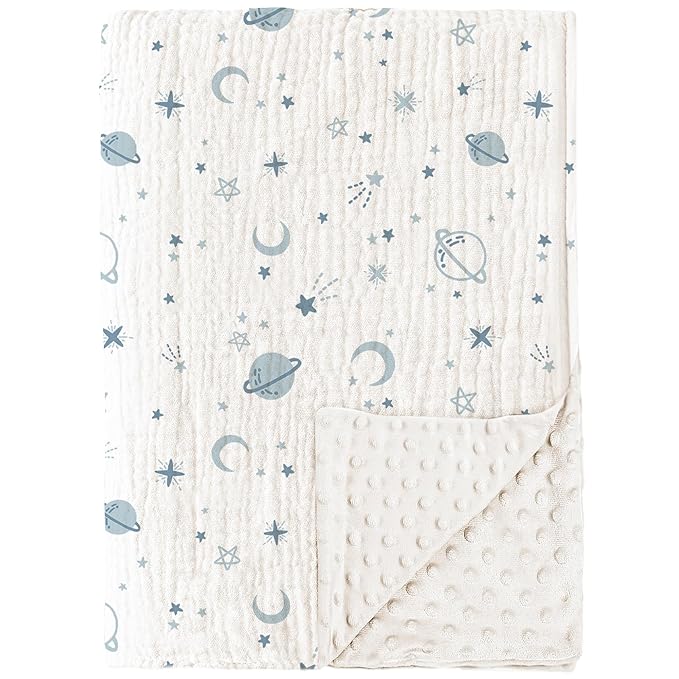 Konssy Baby Blankets for Unisex Boys Girls, Super Soft Nursery Minky Blankets with Muslin Cotton Front and Dotted Fleece Backing, Printed Bed Throws Newborn