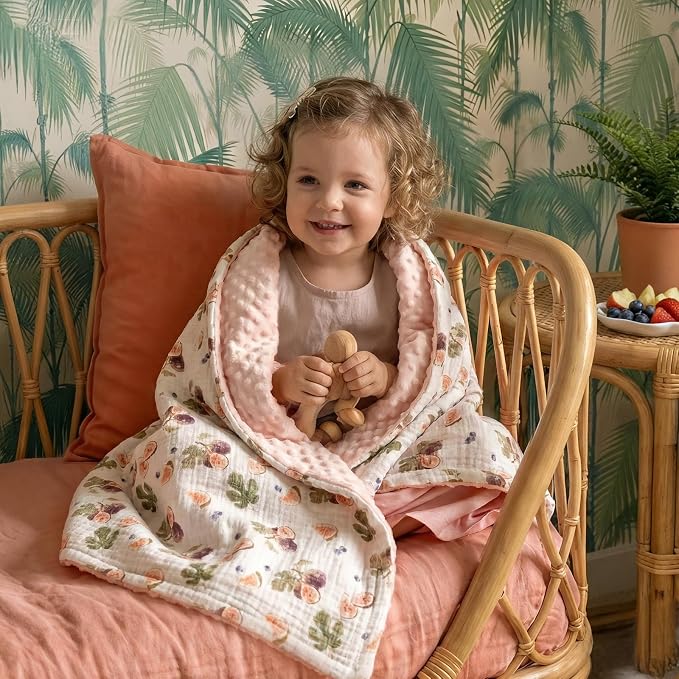 GLLQUEN BABY Blankets for Girls, Soft Muslin Cotton Front Dotted Fleece Backing, Nursery Minky Crib Blanket for Infant Toddler, 30 x 40 inches Throw Blanket, Pink & Fruits