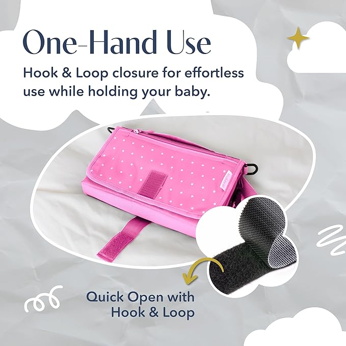Portable Diaper Changing Mat, Fits Most Changing Tables, One-Hand Hook-and-loop fasteners, Front Touchscreen-Friendly Pocket (Pink)