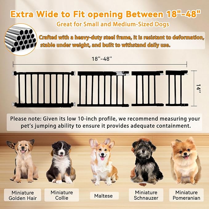Dog Gate, SHYUJAJIE Adjustable Extra Wide Short Dog Gate,Small Pet Gate with 4 Extension Kits, Pressure Mounted for Doorways & Stairs (Black, 18-48" W*10" H)