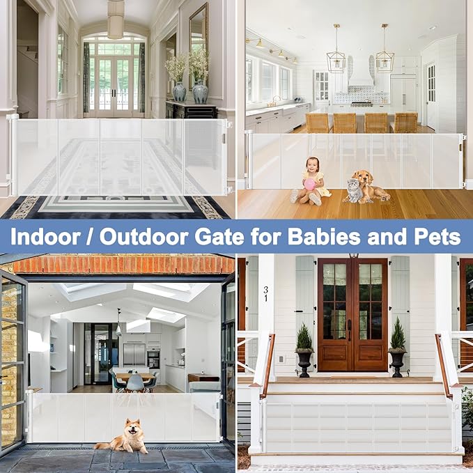Reinforced 200 Inch Extra Long Dog Gate Indoor 37??Tall Outdoor Retractable Baby Gates for Doorways Extra Wide 16ft Bottom Anti-Crawl Indoor Extra Long Baby Gate Retractable Dog Fence/Barrier, White