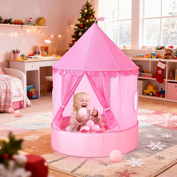 Hikiddy 3-in-1 Ball Pit & Play Tent for Toddlers: Large 40" Pink Kids Ball Pit and Princess Tent - Princess Castle Playhouse Tent for Girls Kids Babies - Foldable Portable Toys for Indoor & Outdoor