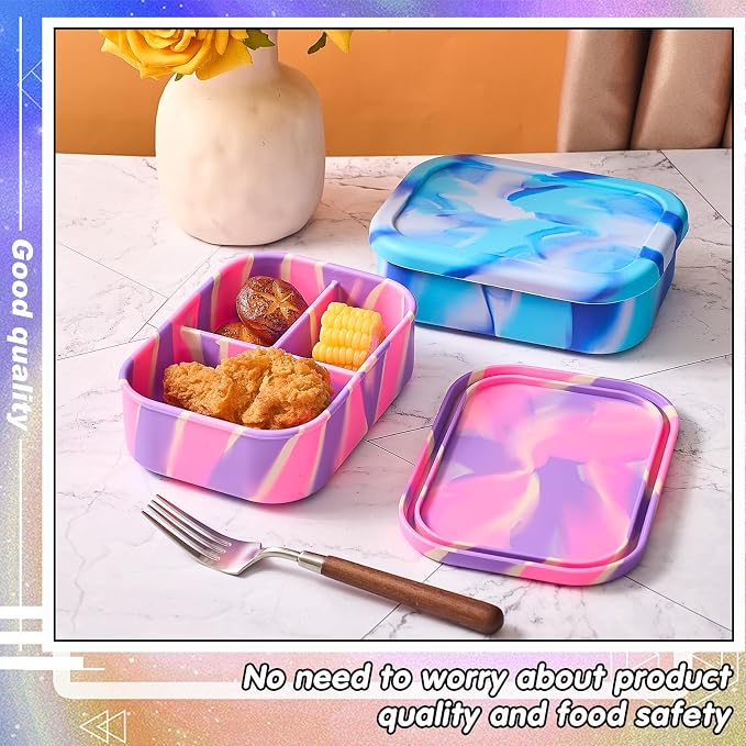 Layhit 2 Pcs Silicone Bento Box for Adults, 27 oz Bento Lunch Container Reusable Food Container for Women Men, Leak Proof Microwave Dishwasher Freezer Safe (3 Compartments,Pad Dyeing Colors)