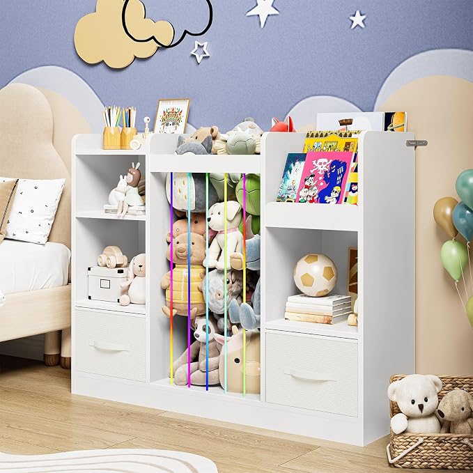 HOOBRO Toy Storage Organizer with Stuffed Animal Storage, 4-in-1 Toy Organizer & Stuffed Animal Zoo with Removable Drawers and 5 Cubes, Book Shelf for Kids Room, Playroom, Nursery, White WT36CW01