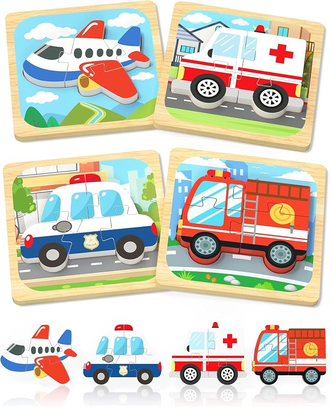 Benresive Wooden Toddler Puzzles for Boys Girls Age 1 2 3, 4 Pack Montessori Vehicle Toys, Educational Preschool Learning Toys, Great Birthday Gifts for Toddlers