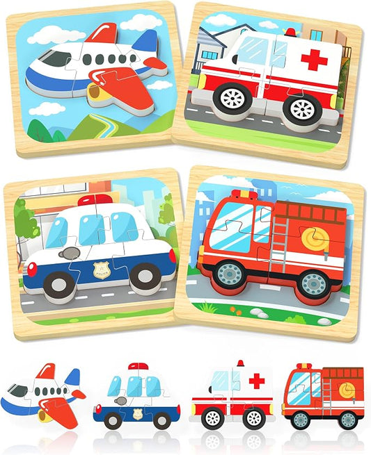 Benresive Wooden Toddler Puzzles for Boys Girls Age 1 2 3, 4 Pack Montessori Vehicle Toys, Educational Preschool Learning Toys, Great Birthday Gifts for Toddlers