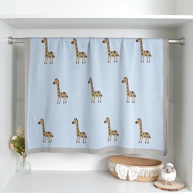 Opewod Soft Cotton Knit Baby Blanket with Cute Deer Print 40x30in Newborn Receiving Blanket Swaddle Cuddle Blanket for Crib, Stroller, or Nursery for Infants & Toddlers Light Blue