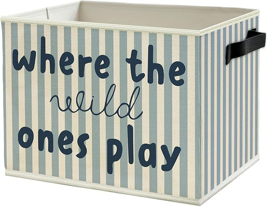 Blue Stripe Boho Classroom Storage Bins Box with Handles, Where the Wild Ones Play Collapsible Basket Organizer for Kids Playroom Nursery Bedroom Bathroom Toys Books Clothes