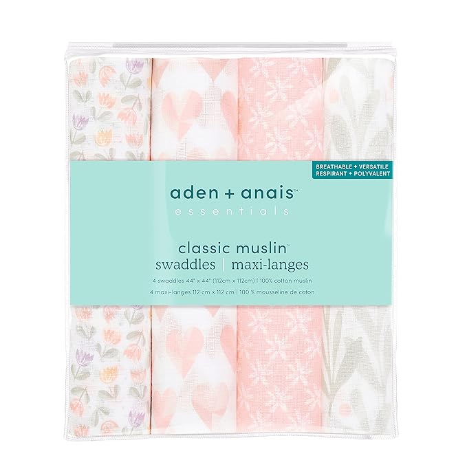 aden + anais Essentials Swaddle Blanket, Boutique Muslin Blankets for Girls & Boys, Baby Receiving Swaddles, Ideal Newborn & Infant Swaddling Set, Perfect Shower Gifts, 4 Pack, Piece of My Heart