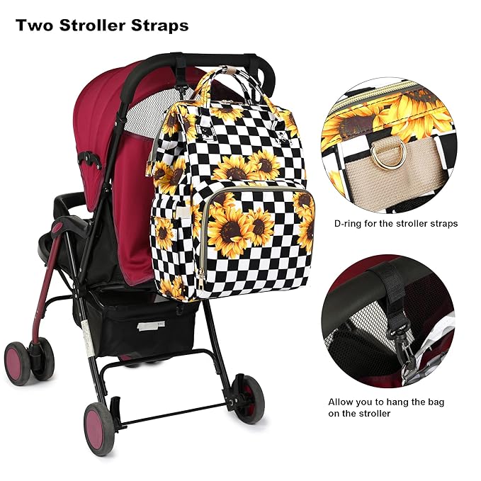 Sunflower Checkered Diaper Bag Backpack for Baby Girls, Mom Waterproof Large Nappy Bags for Women
