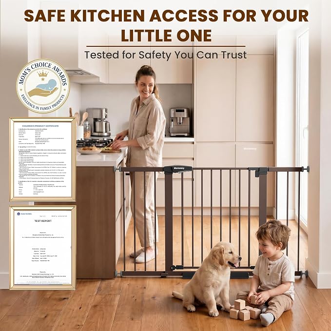 Mumeasy 29.7–51 Inch Extra Wide Baby Gate for Stairs, Extra Long Indoor Dog Gate for Doorways, Pressure Mounted Walk Thru Child Gate with Auto-Close, No-Drill Safety Pet Gate with Door for House,Brown