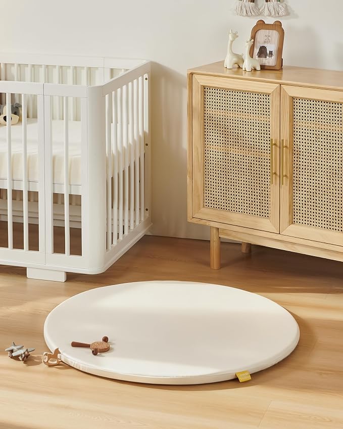 39" Round Baby Mat for Floor, Hypoallergenic Vegan Leather Cover Foam Play Mat for Nursery, Easy to Wipe Clean & Waterproof, Thick Playmat for Infants and Toddlers, 1 Storage Strap Included